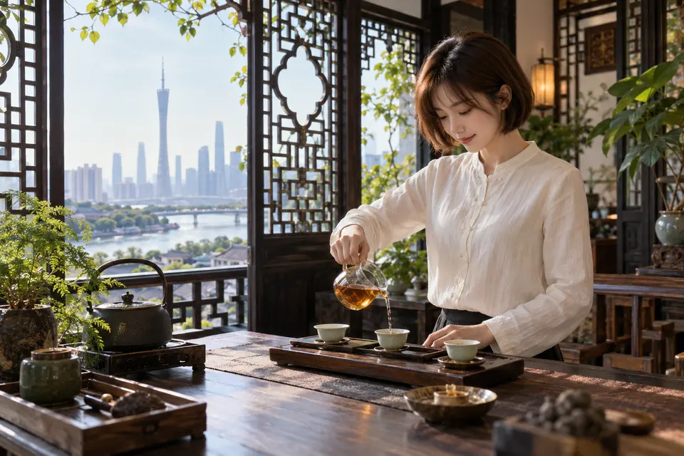 岭南花窗旁的公道杯与冲泡场景
