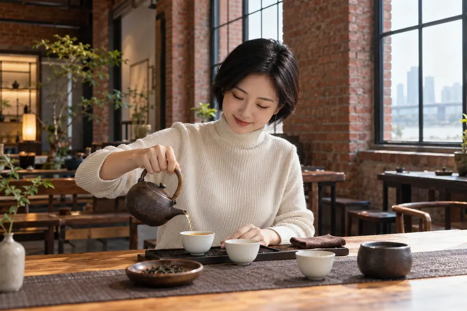 红砖空间中的陶壶与倒茶动作